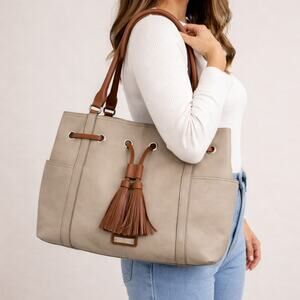 Tignanello Beige & Brown Leather Tote Shoulder Bag Large Y2K Style